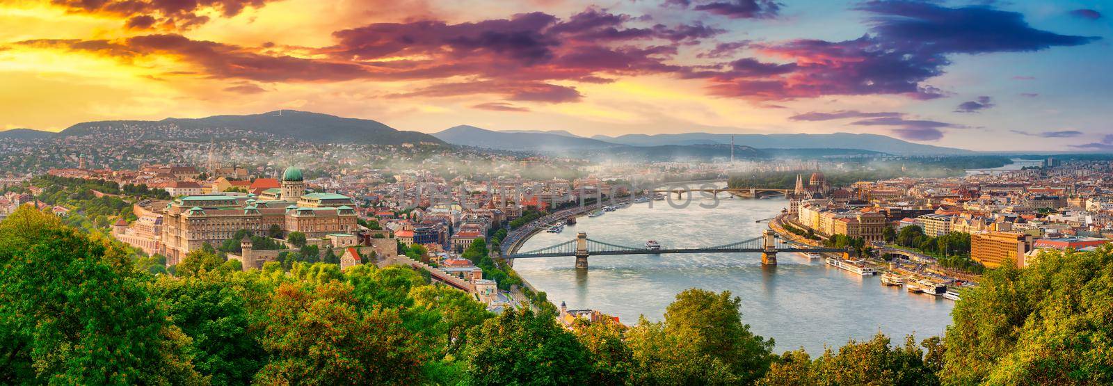 Panoramic view from above on landmarks of Budapest at summer sunset, Hungary