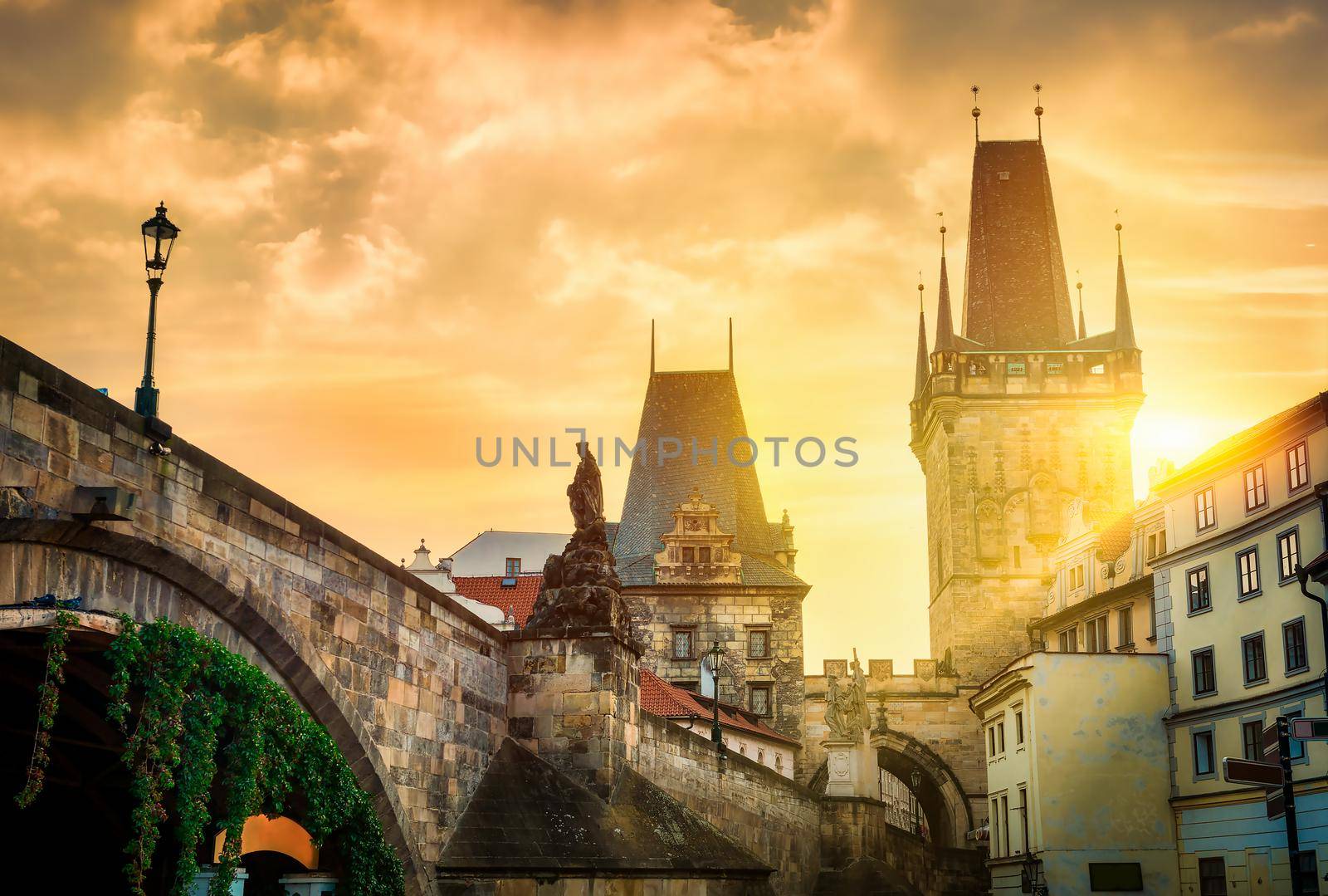 View of the Lesser Bridge Tower of Charles Bridge in Prague