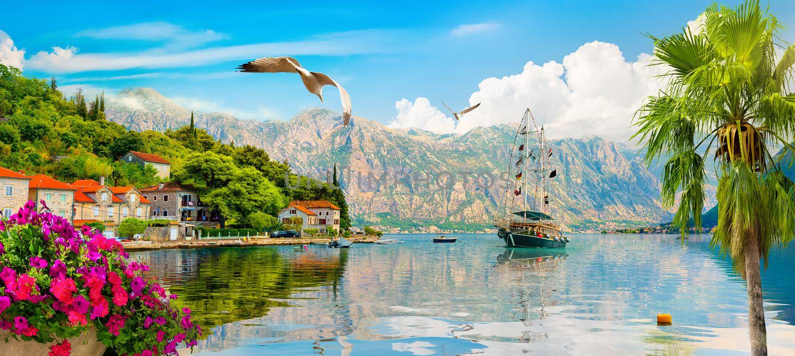 Historic city of Perast at Bay of Kotor in summer, Montenegro