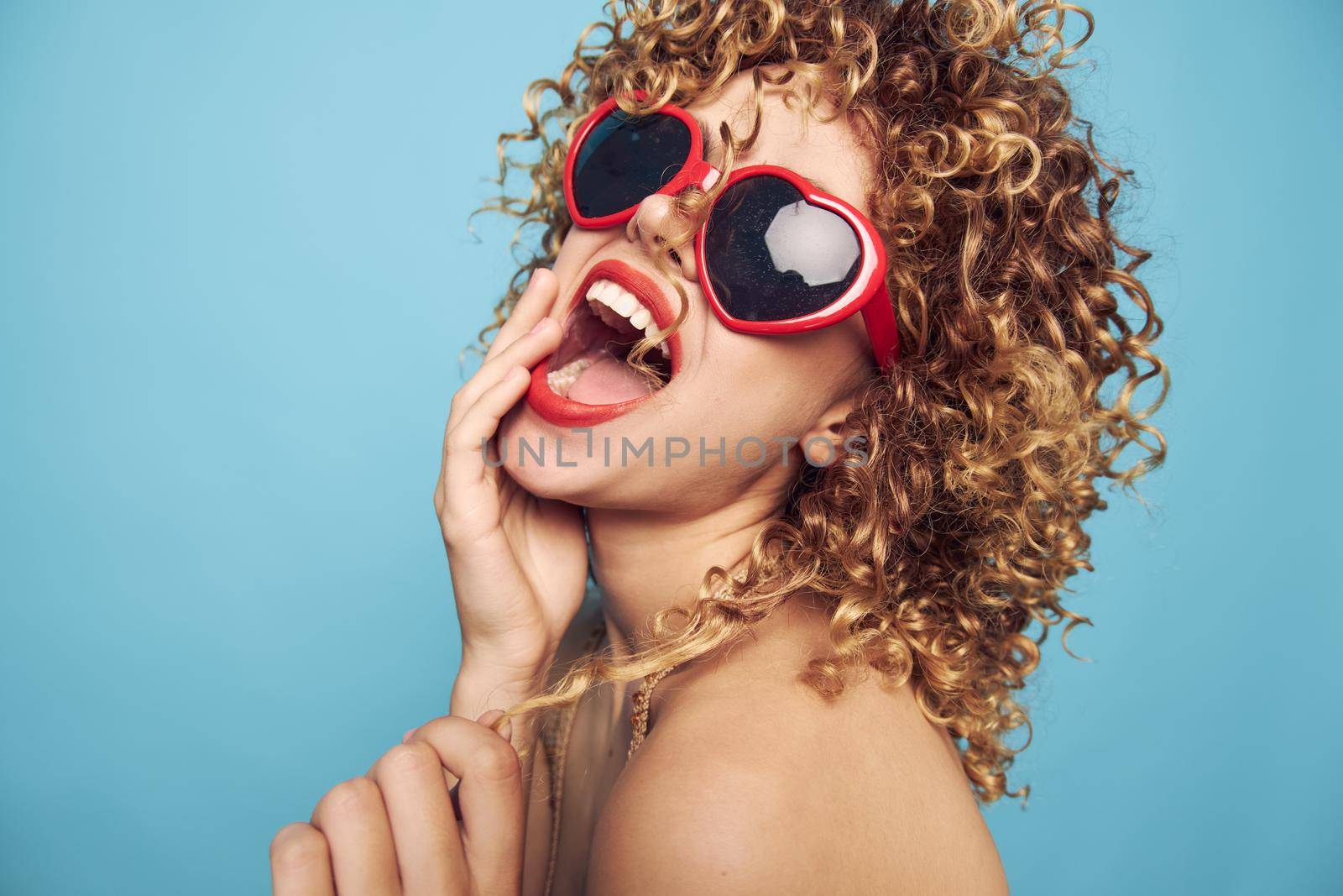 Beautiful woman Wide open mouth emotions laugh heart glasses isolated background