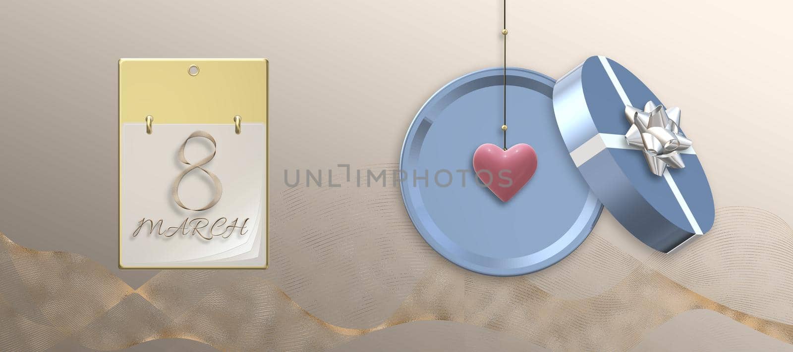 8th of March banner Women's Day elegant beautiful design template. Text 8 March on calendar, round gift box with bow, golden shiny ribbon. Hanging 3D heart, over pastel gold. 3D illustration