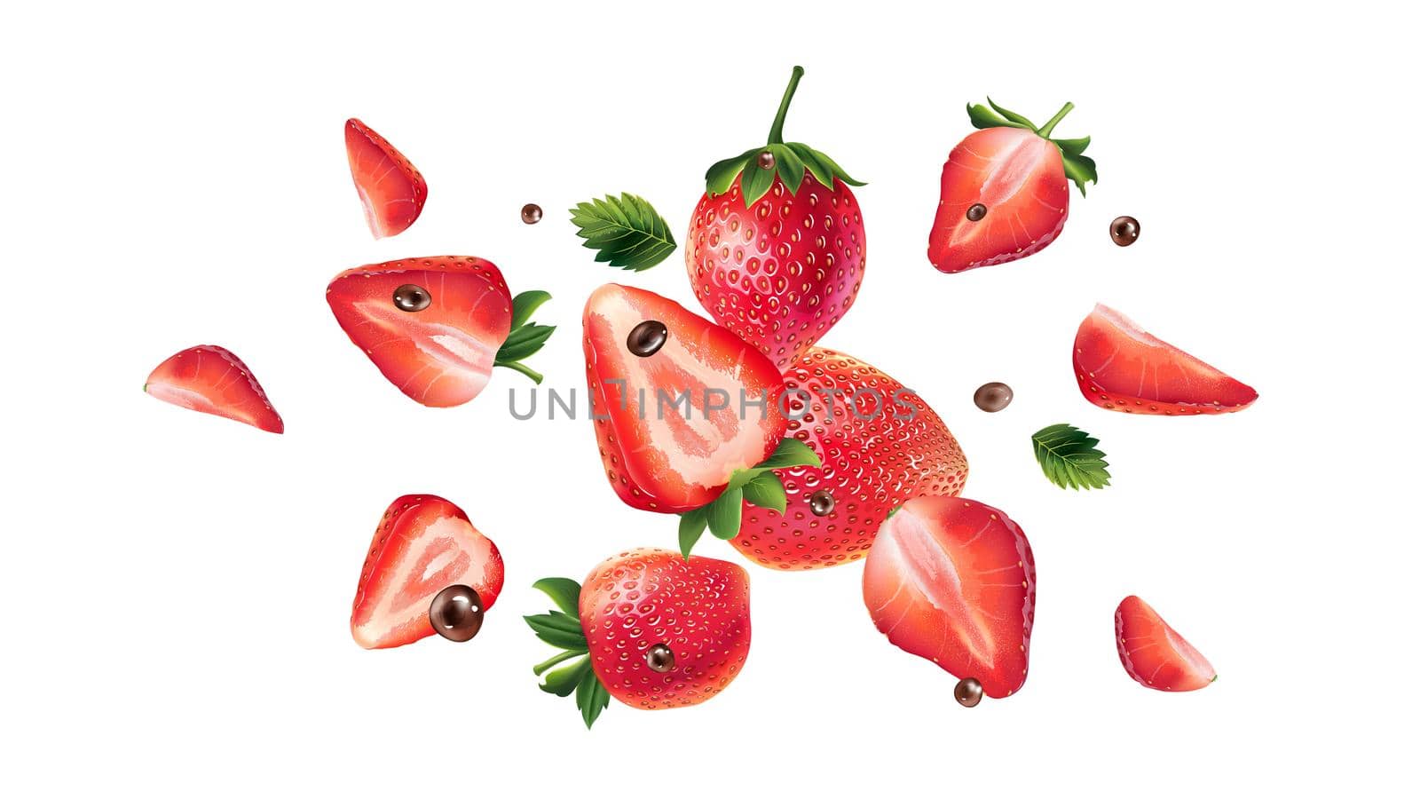 Strawberry berries with leaves and chocolate droplets are scattering on a dark brown background. Realistic style illustration.