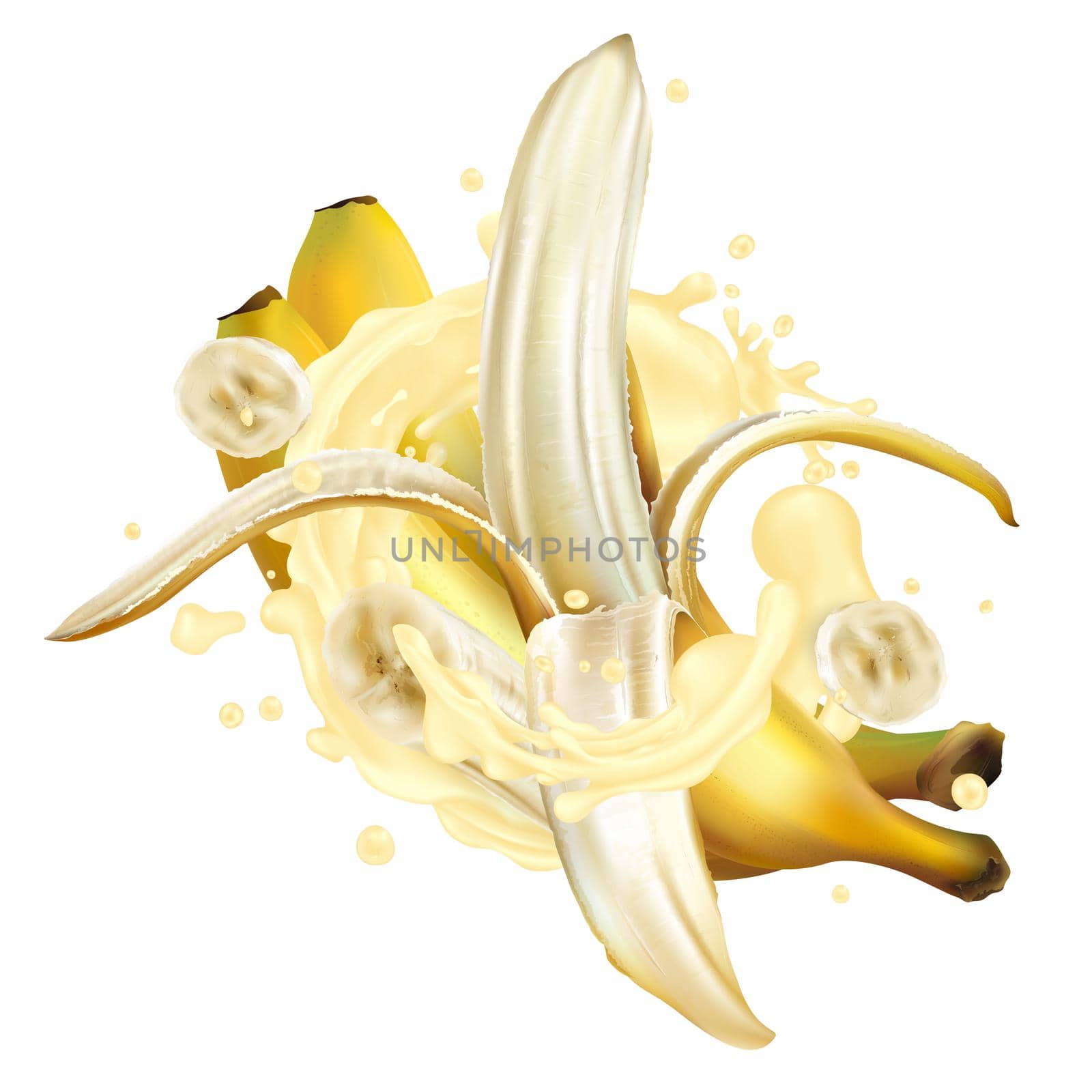 Bananas in a splash of milkshake or yogurt on a white background. Realistic style illustration.