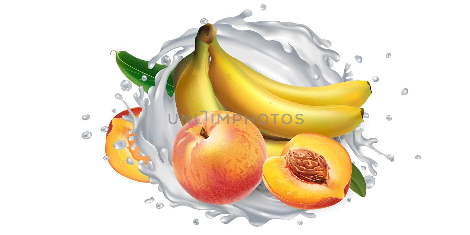 Bananas and peaches in a splash of milk or yogurt on a white background. Realistic style illustration.