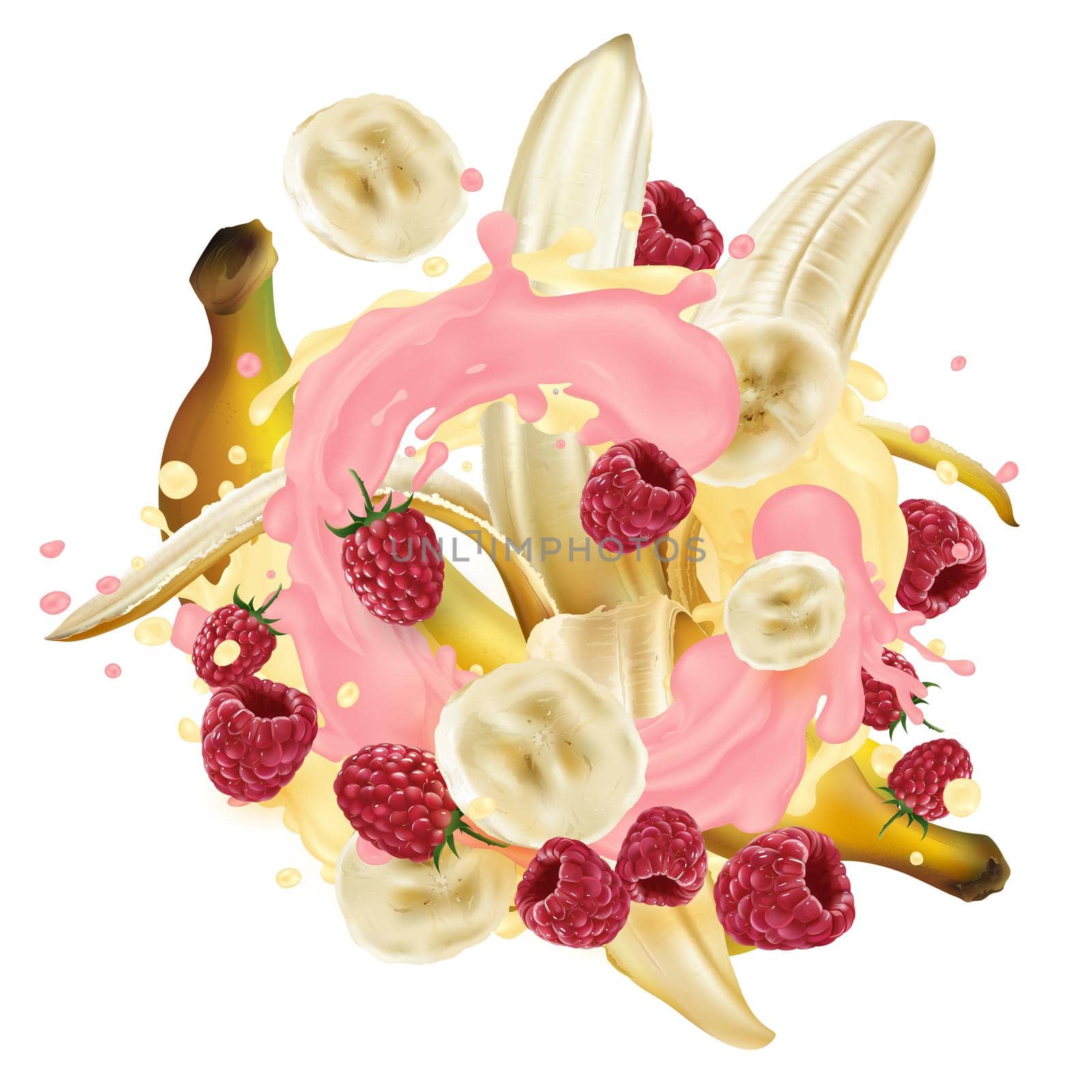 Bananas and raspberries in a pink and yellow yogurt splash. by ConceptCafe