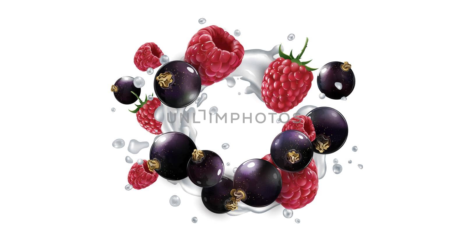 Fresh black currants and raspberries in milk splashes on a white background. Realistic style illustration.