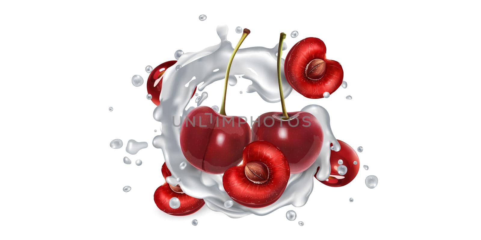 Fresh cherries in milk splashes on a white background. Realistic style illustration.