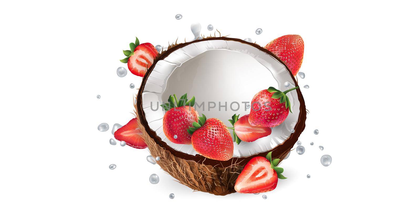Half coconut and strawberries in milk splashes on a white background. Realistic style illustration.