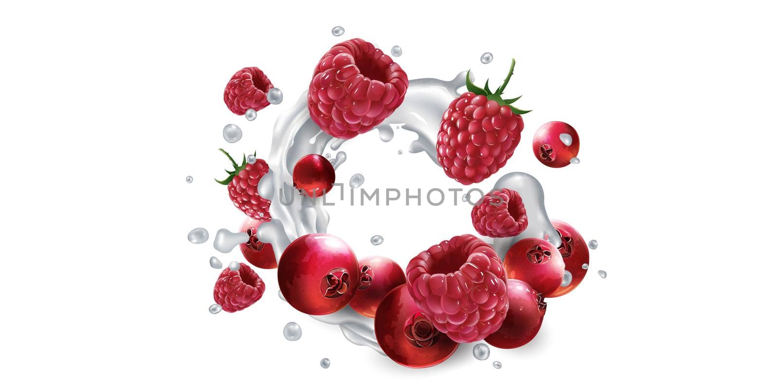 Fresh cranberries and raspberries in milk splashes on a white background. Realistic style illustration.