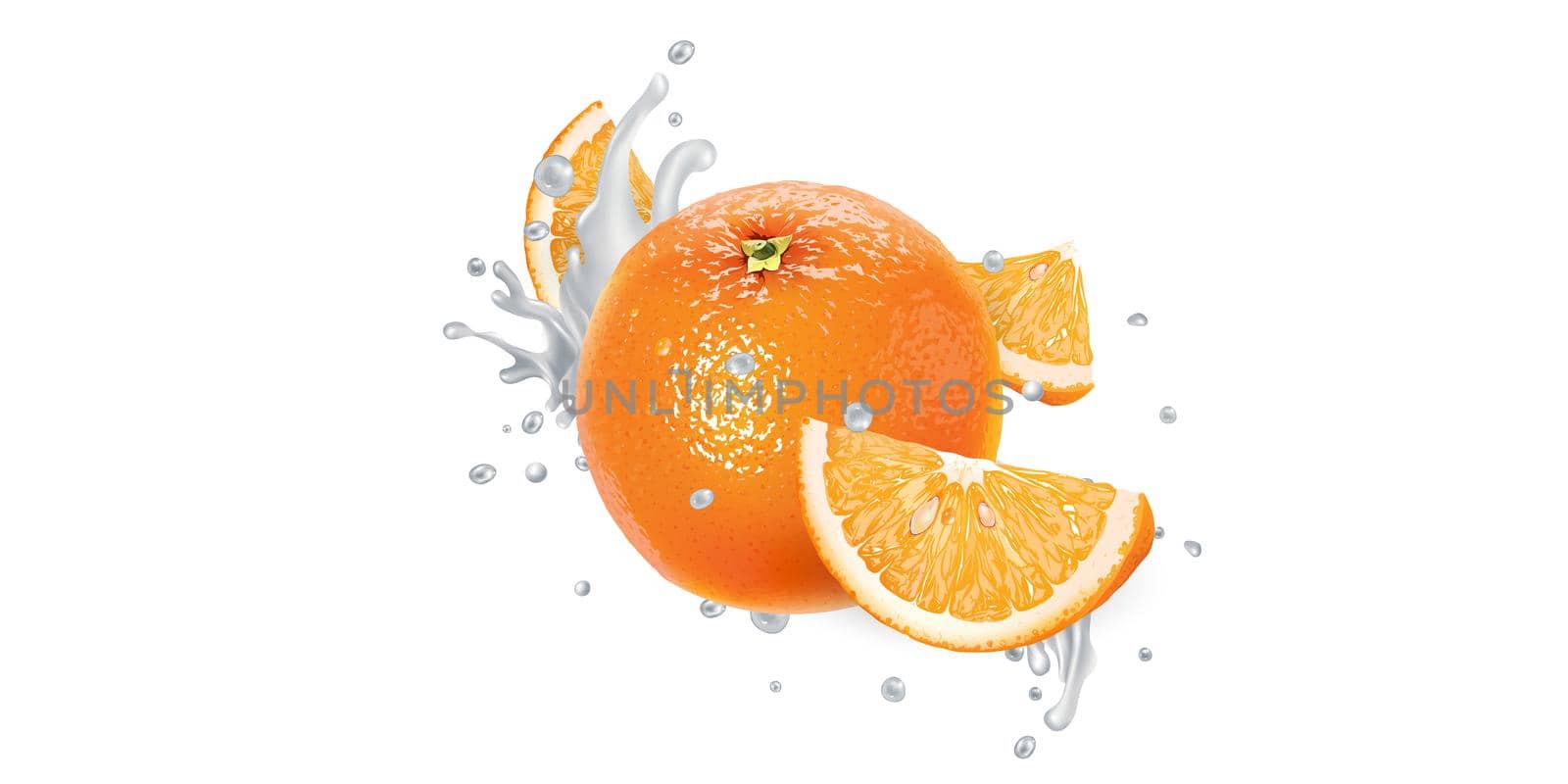Fresh orange in yogurt splashes on a white background. Realistic style illustration.