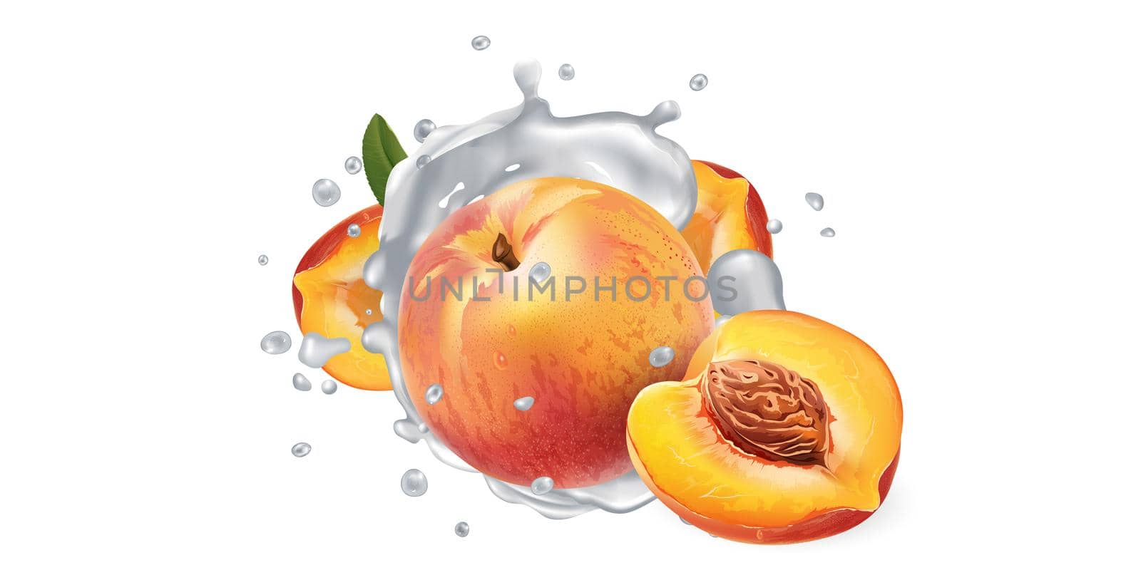 Fresh peaches in milk splashes on a white background. Realistic style illustration.