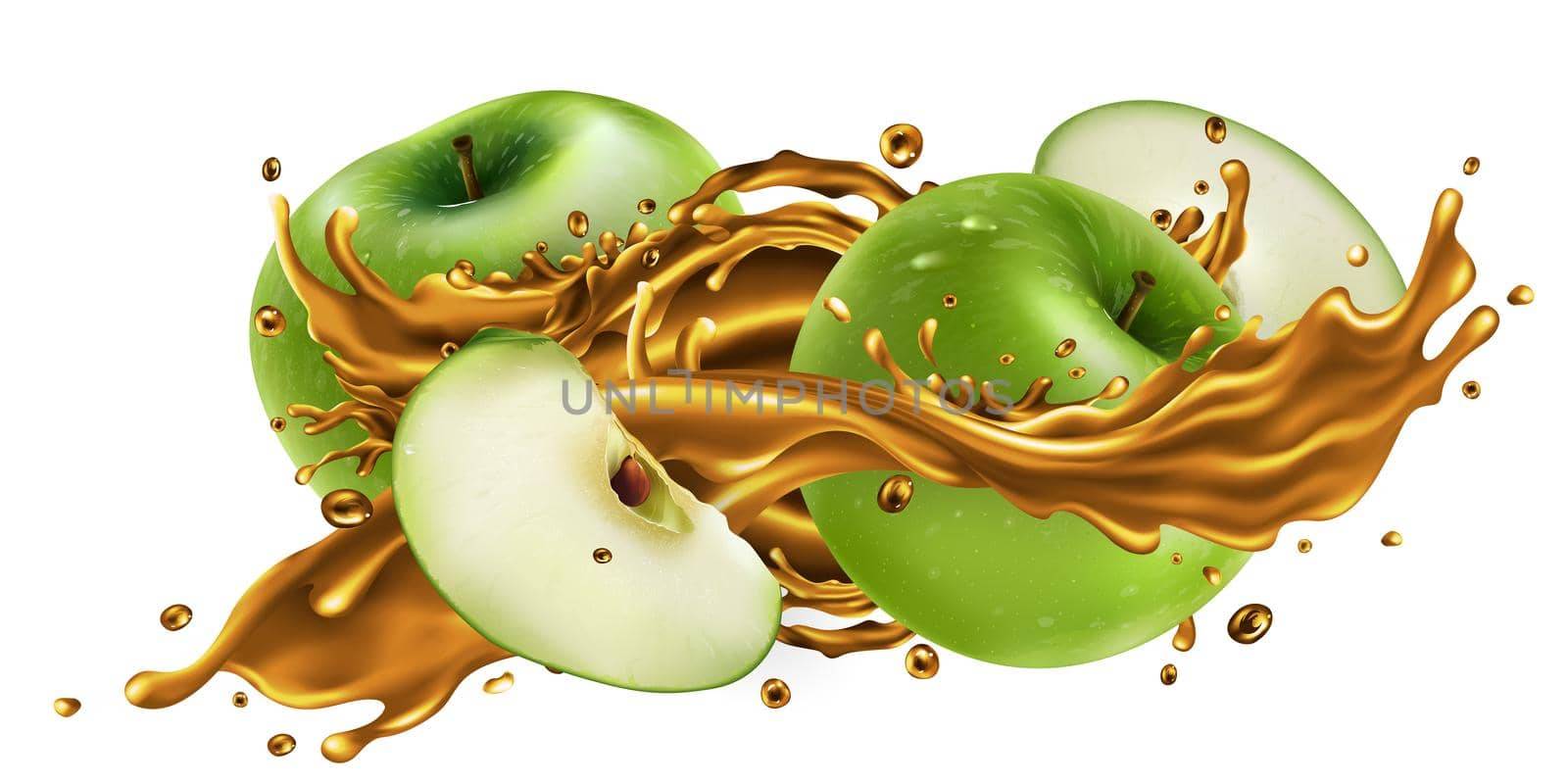 Whole and sliced green apples and a splash of fruit juice on a white background. Realistic style illustration.
