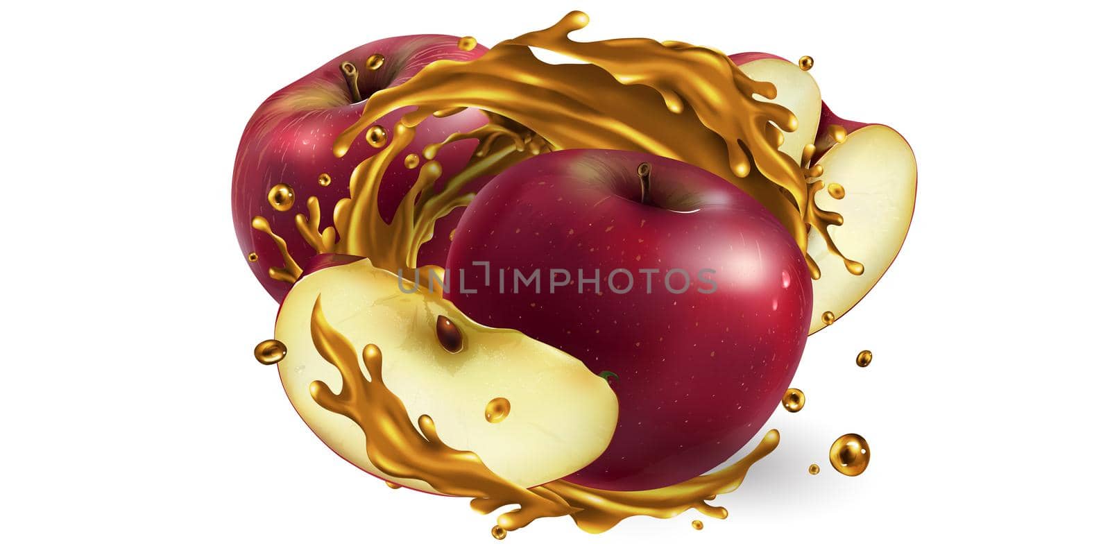 Fresh red apples and a splash of fruit juice on a white background. Realistic style illustration.