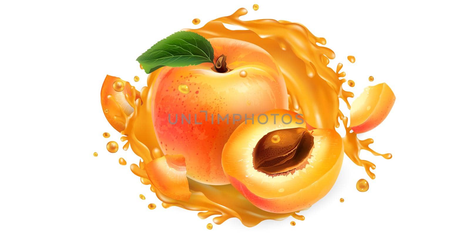 Fresh apricots and a splash of fruit juice on a white background. Realistic style illustration.
