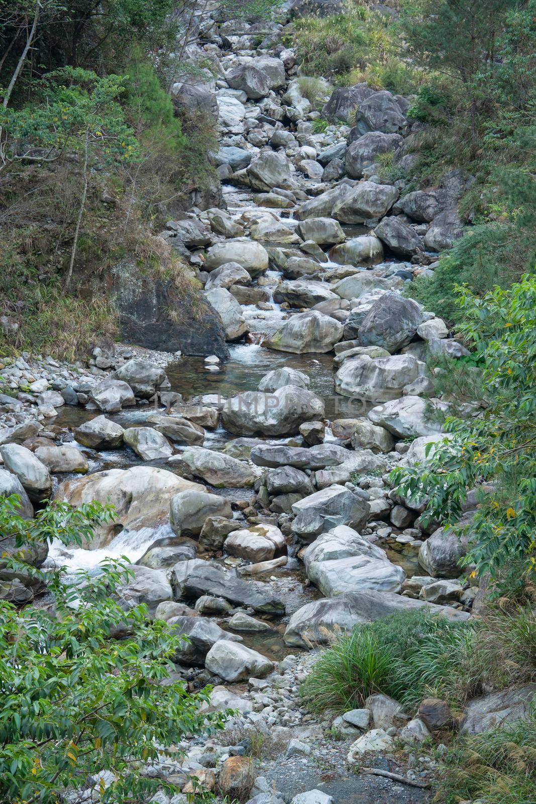 Wild river flow in forest with rock stones landscape in Taiwan.