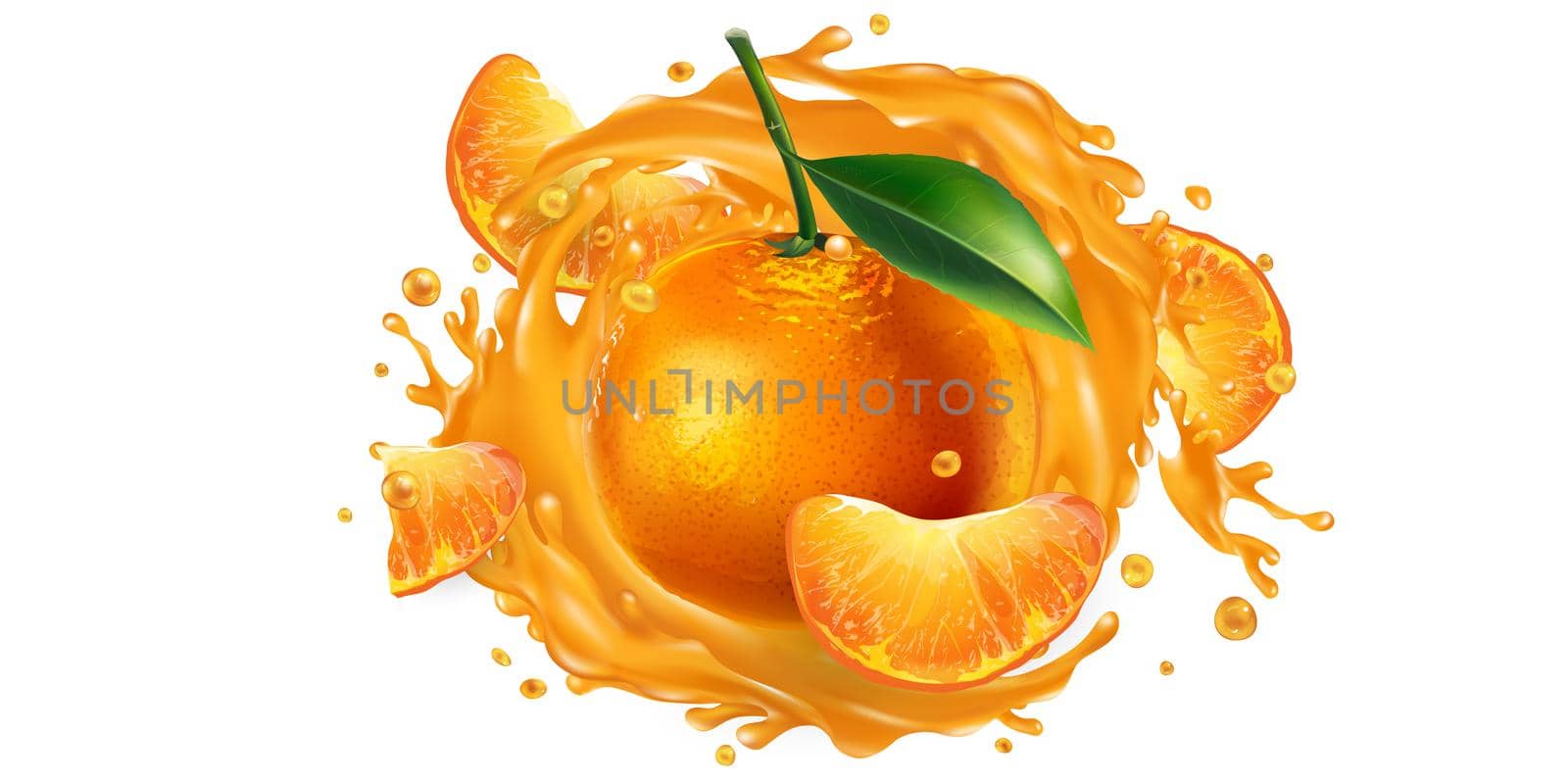 Fresh mandarins and a splash of fruit juice on a white background. Realistic style illustration.