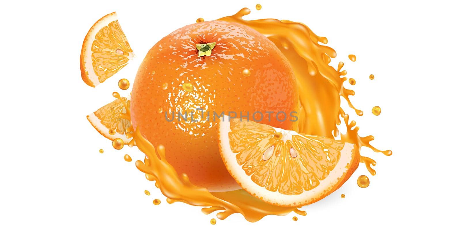 Fresh orange and a splash of fruit juice on a white background. Realistic style illustration.