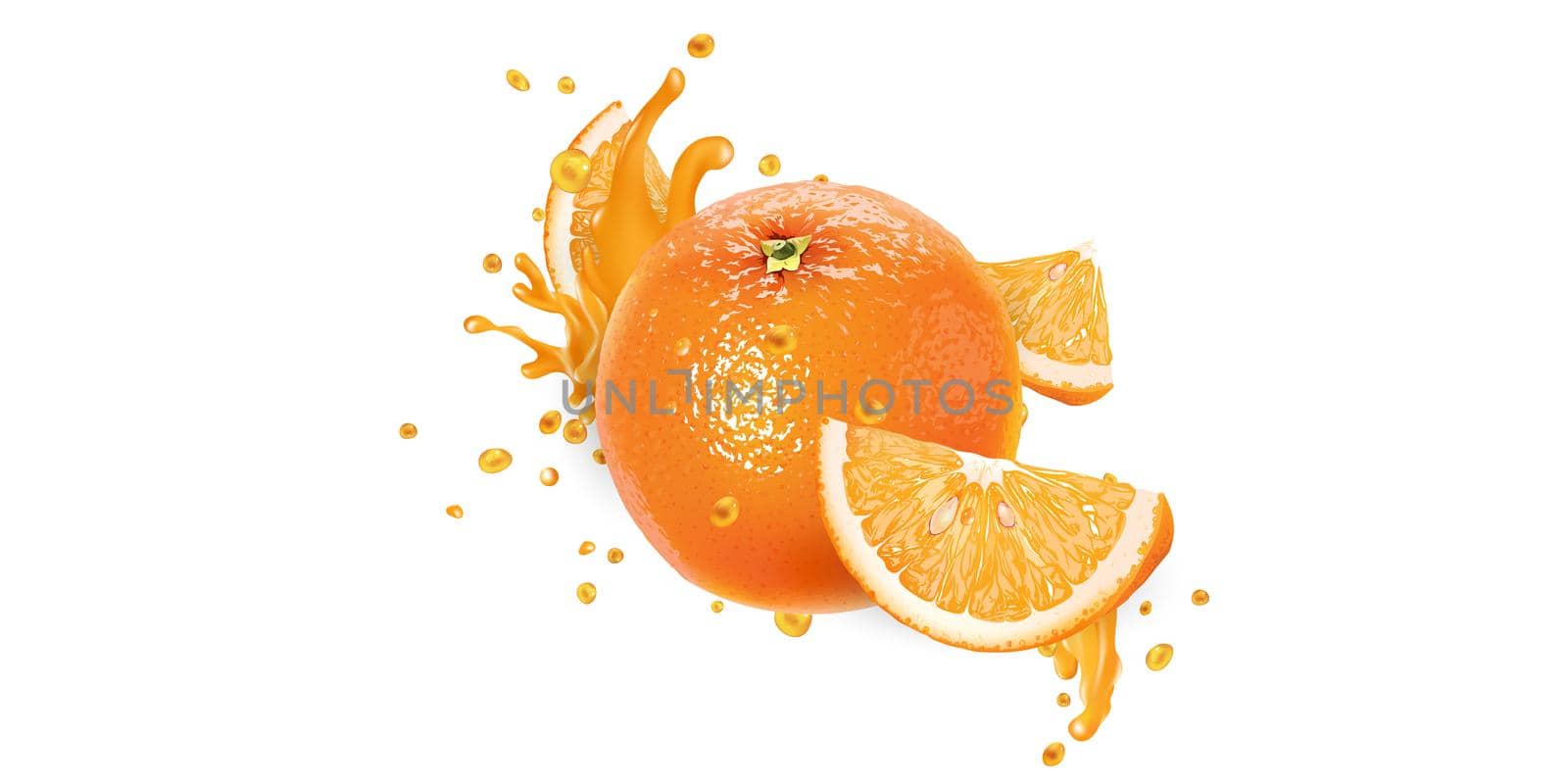 Fresh orange in splashes of fruit juice on a white background. Realistic style illustration.