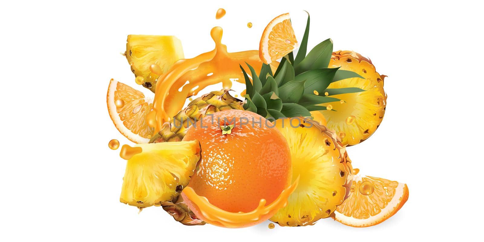 Whole and sliced pineapples and oranges in fruit juice splashes on a white background. Realistic style illustration.