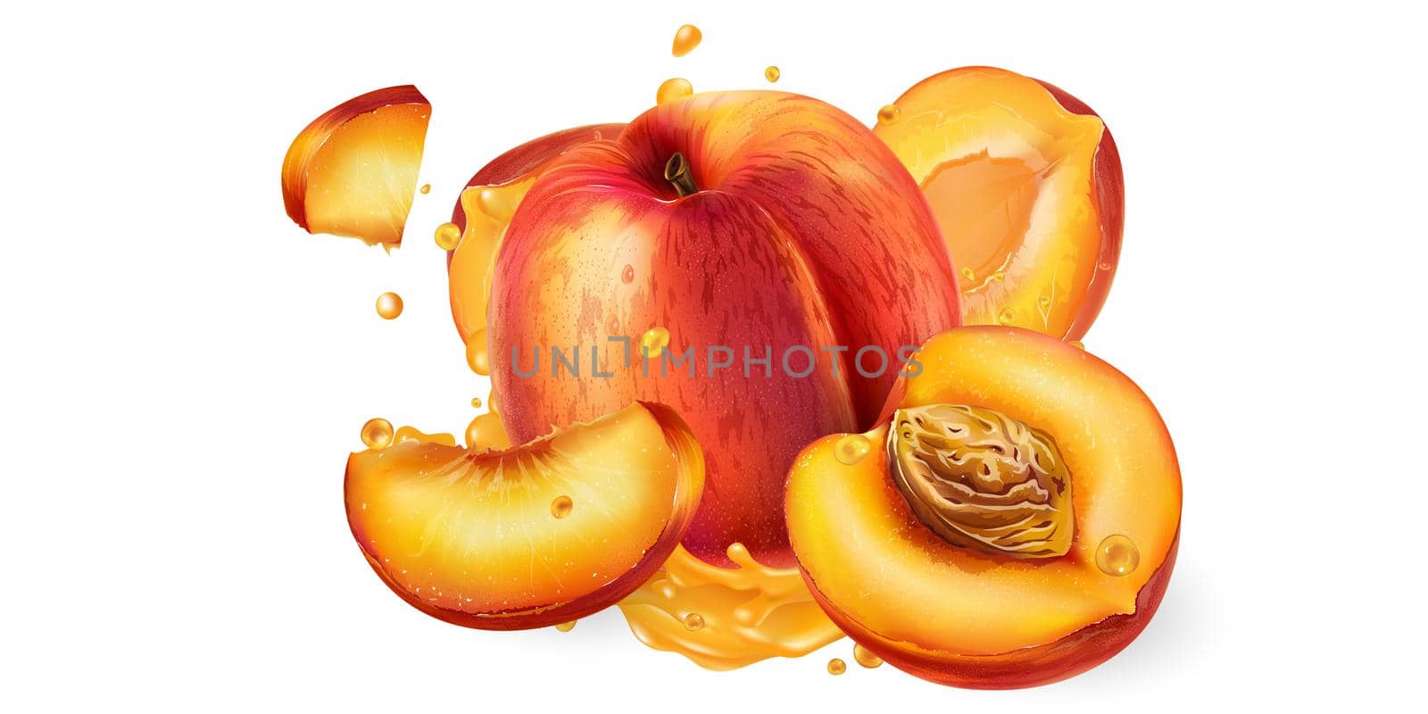 Whole and sliced peaches in fruit juice splashes on a white background. Realistic style illustration.
