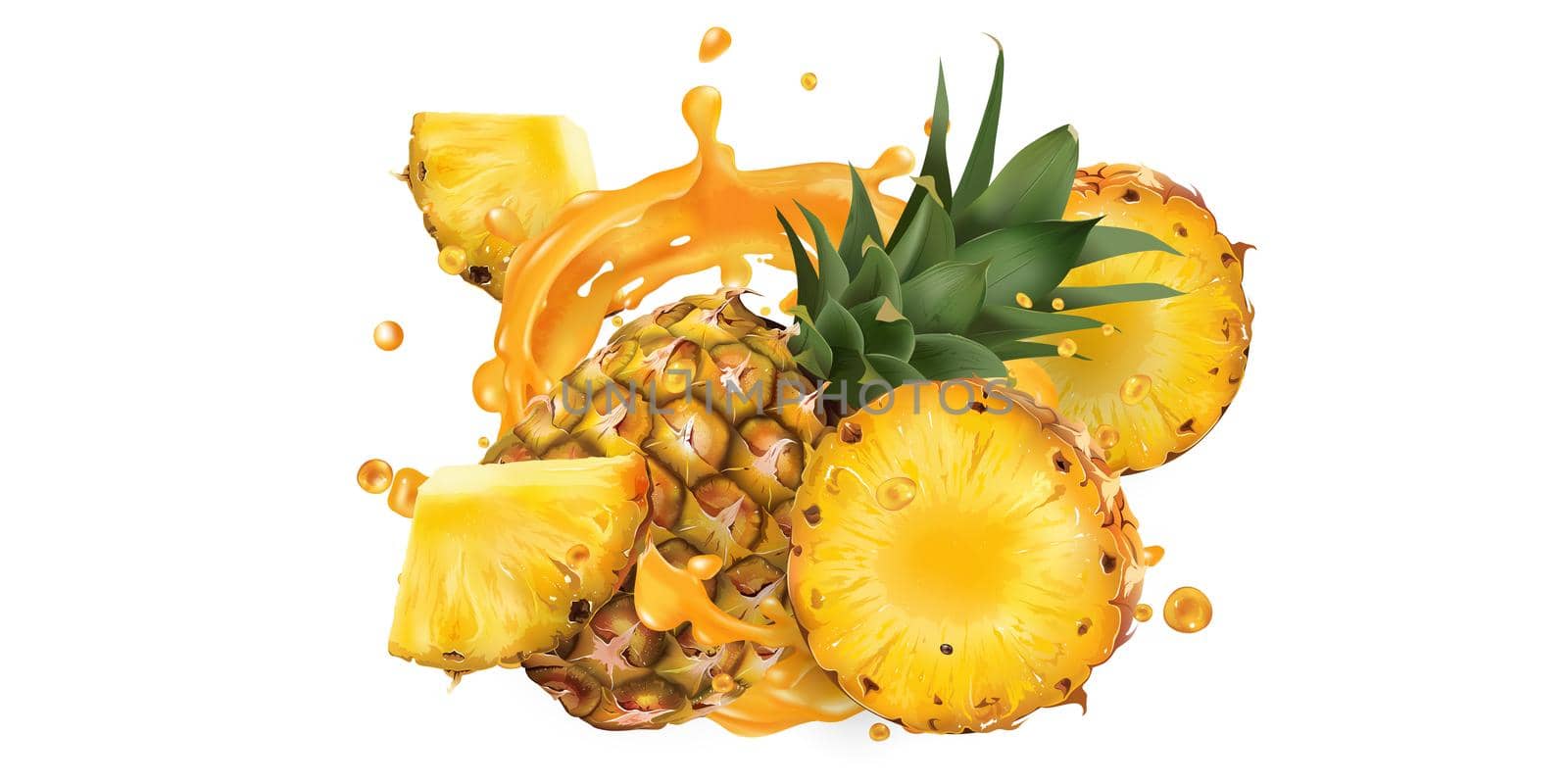 Whole and sliced pineapple in fruit juice splashes on a white background. Realistic style illustration.