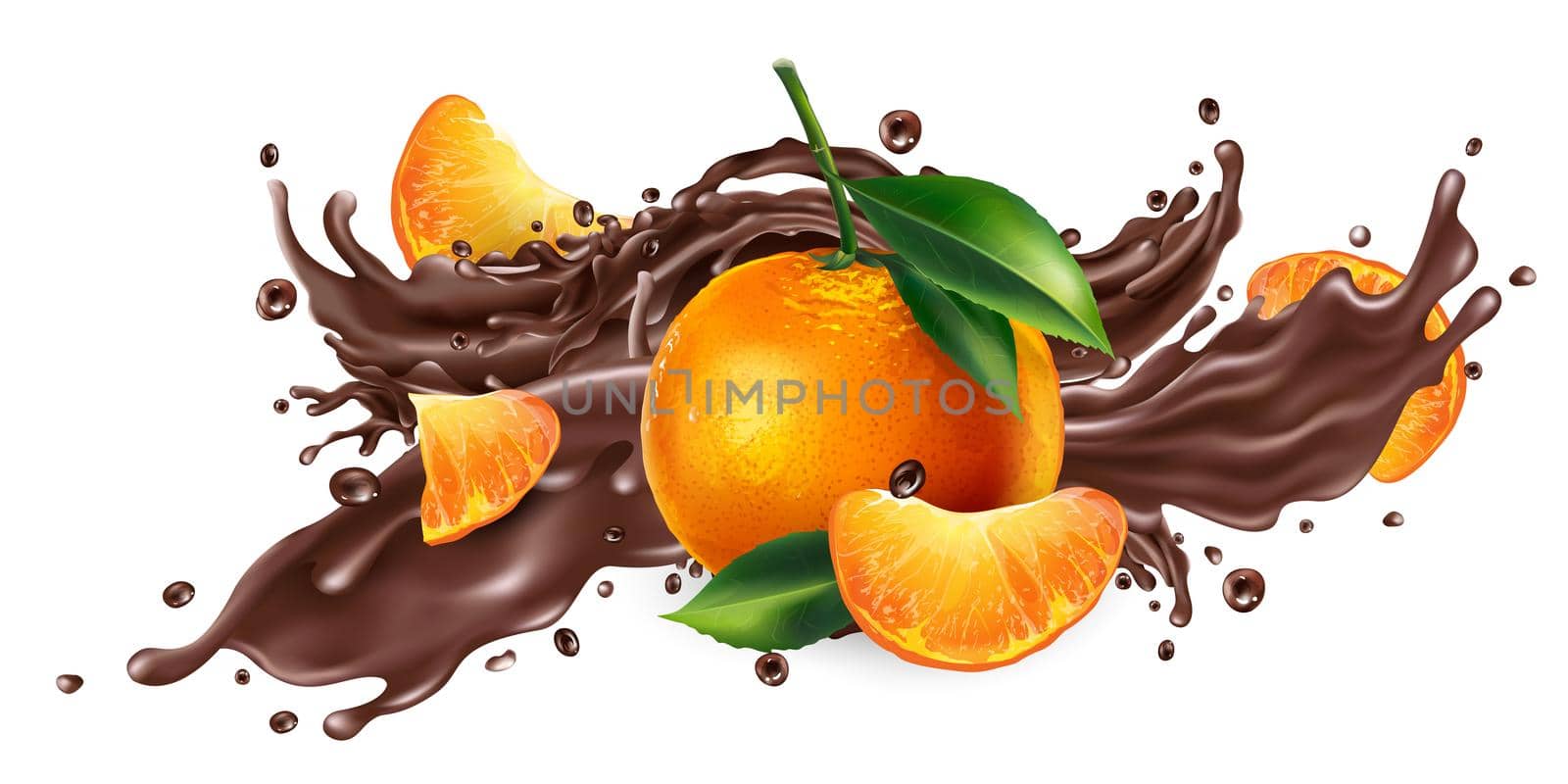 Whole and sliced mandarins and a splash of liquid chocolate on a white background. Realistic style illustration.