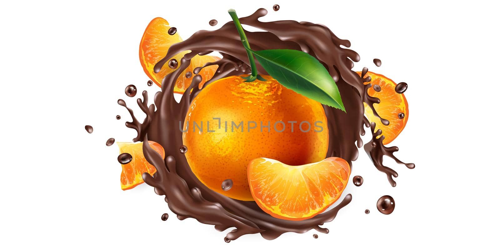 Fresh mandarins and a splash of liquid chocolate on a white background. Realistic style illustration.