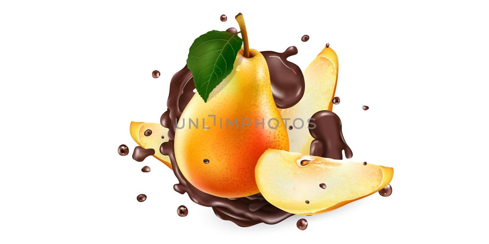 Whole and sliced pears in chocolate splashes on a white background. Realistic style illustration.