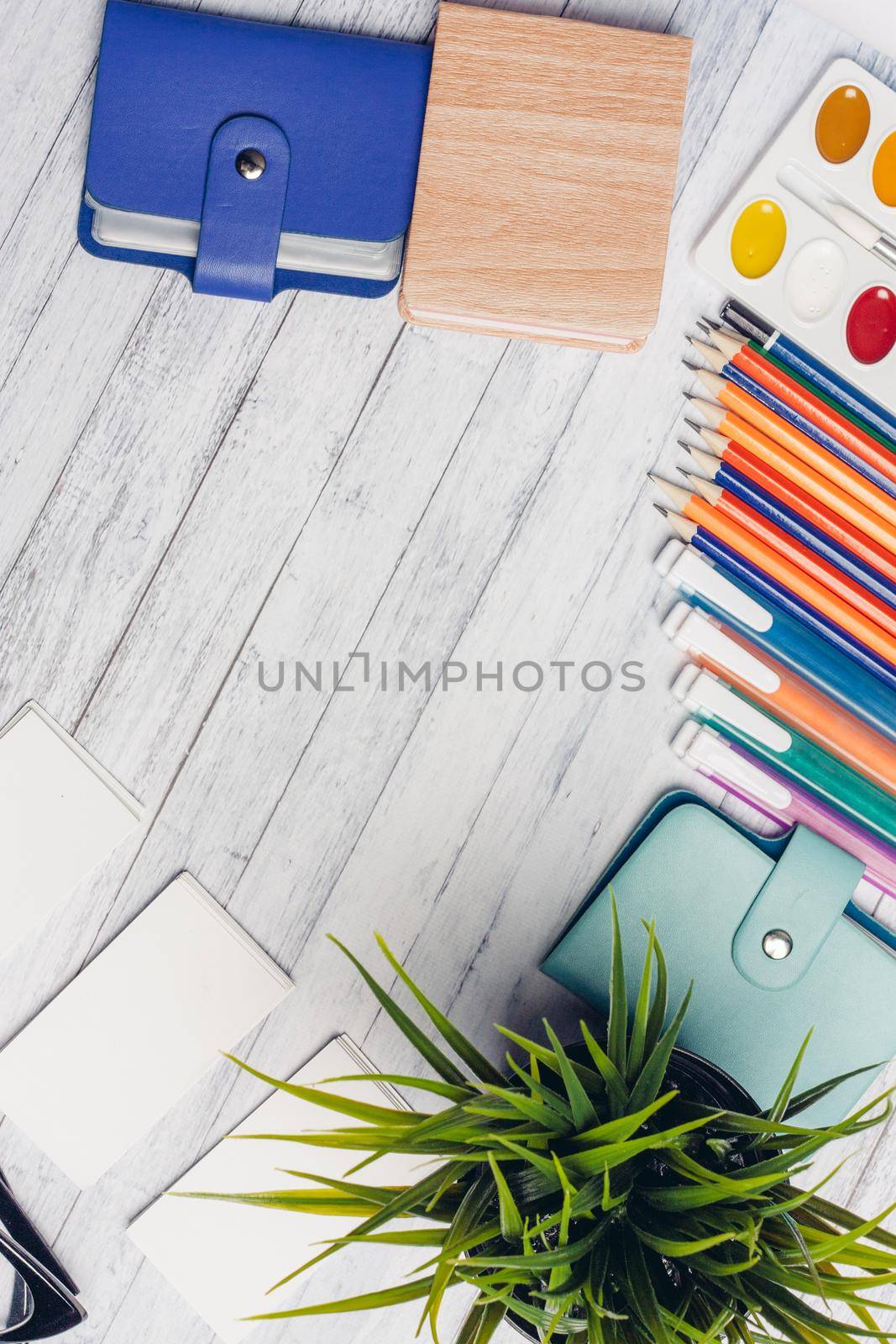 stationery in the office on the table business card notepad and flower in a pot by SHOTPRIME