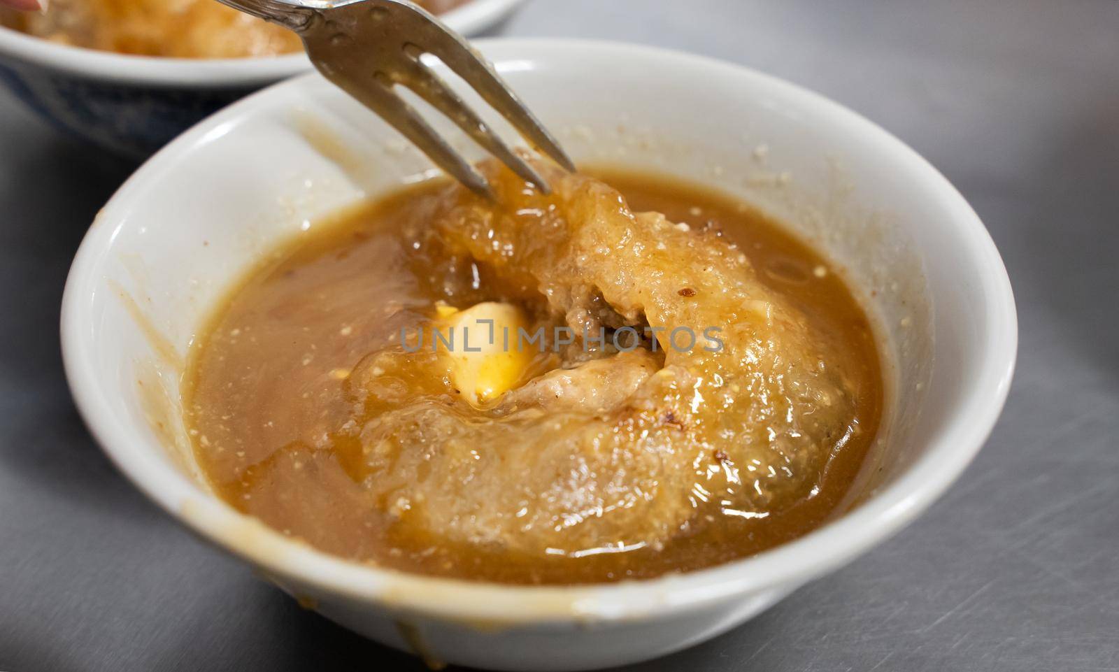 Taiwanese meatball - Delicious street food Bawan (Ba wan), steamed and deep fried starch wrapped round shaped dumpling with pork inside
