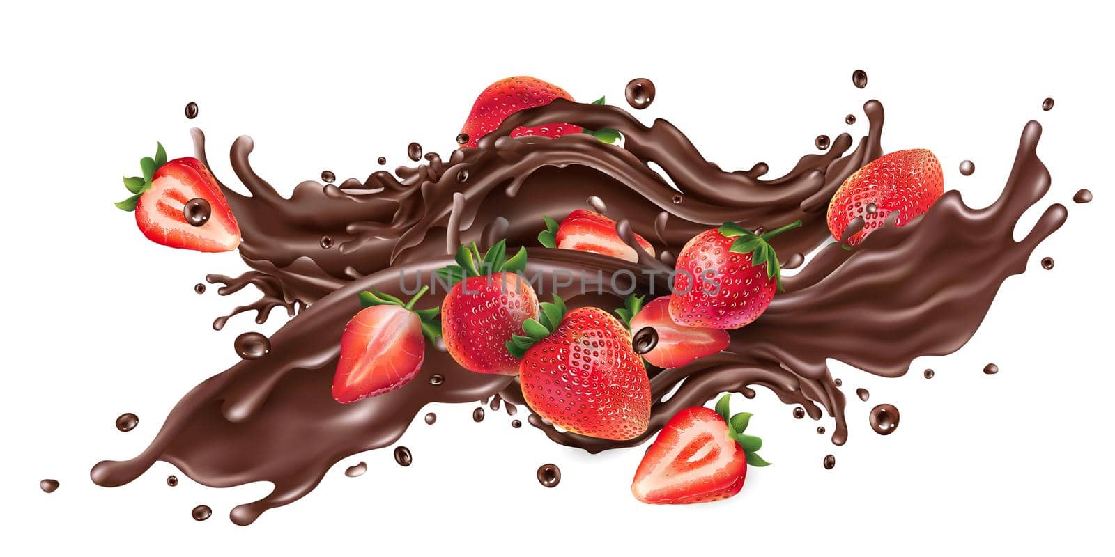 Whole and sliced strawberries and a splash of liquid chocolate on a white background. Realistic style illustration.