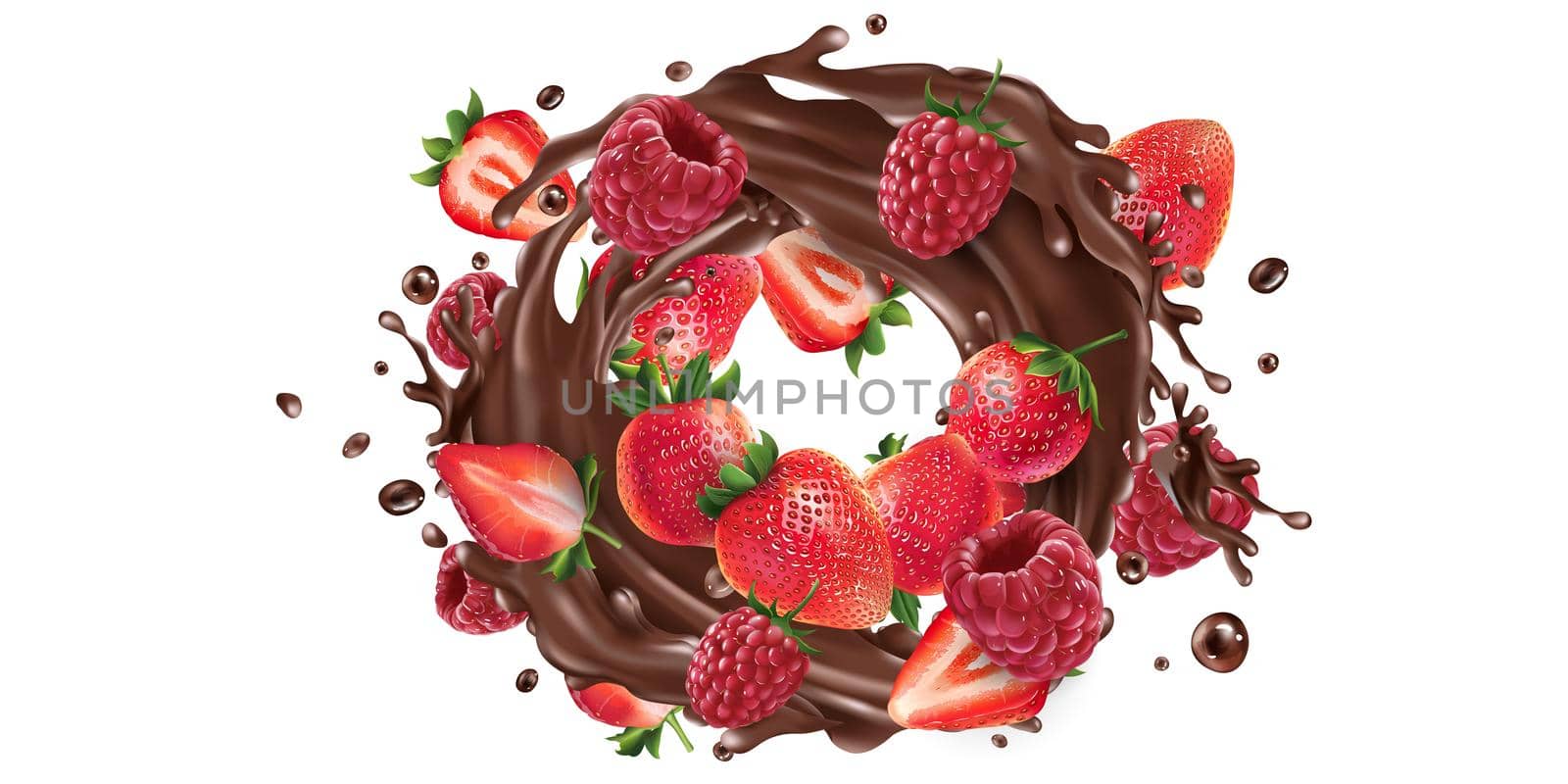 Fresh strawberries and raspberries in a chocolate splash. by ConceptCafe