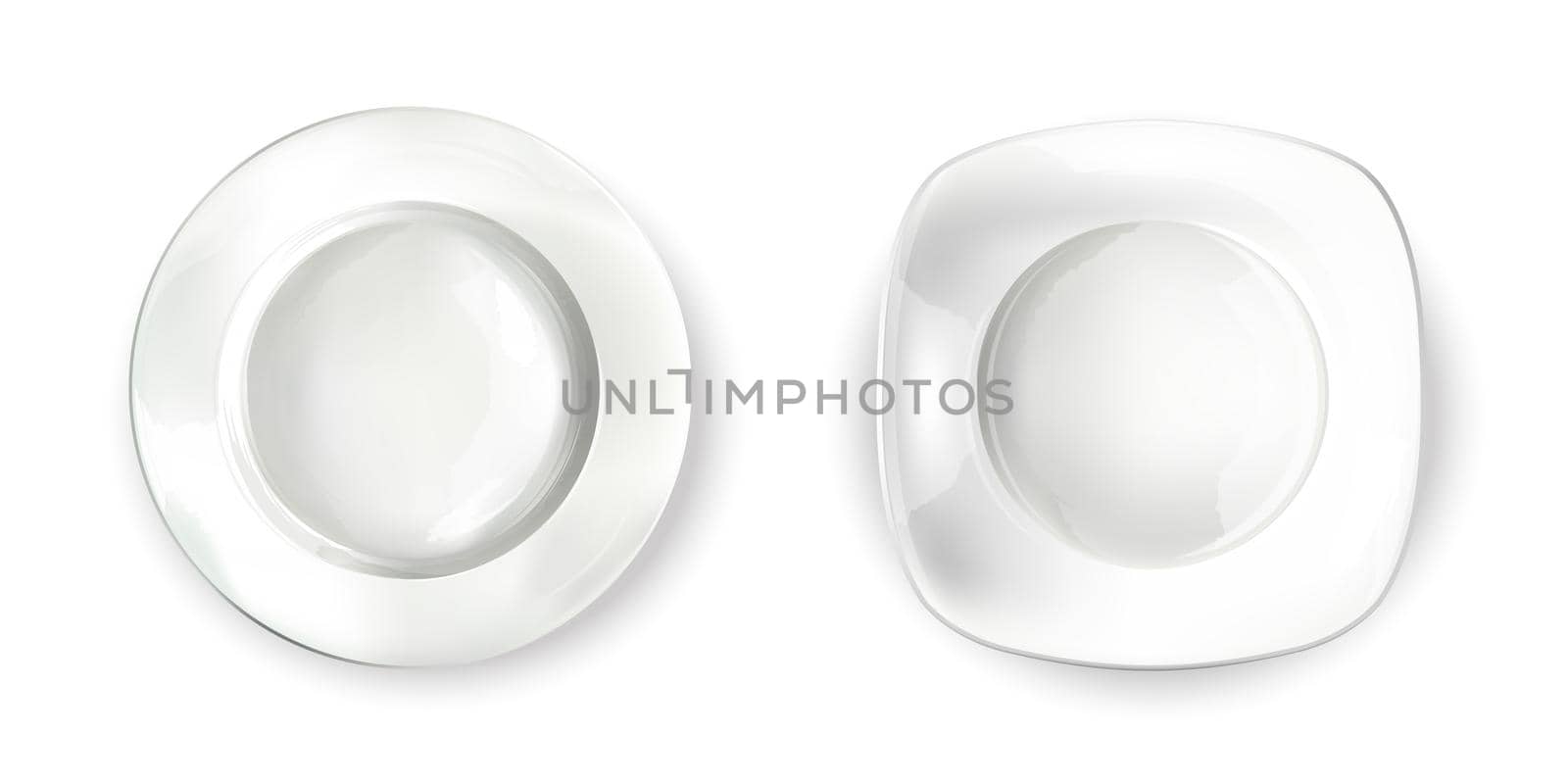 Two empty white plates of different shapes in a realistic style on a white background. Top view.