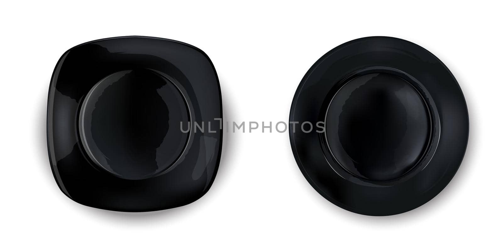 Two empty black plates of different shapes in a realistic style on a white background. Top view.