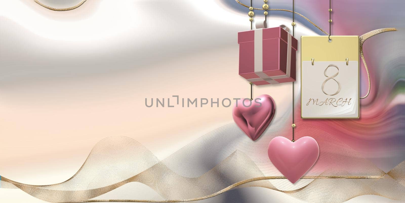 Women's Day 8 March. Calendar with 8 March, hanging 3D gift box, hearts on pastel pink abstract background. Beautiful design for 8th March international Womens day. 3D illustration