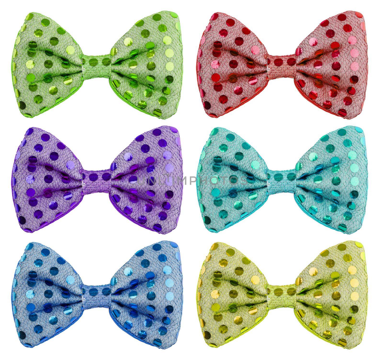 set of colored bows with large round polka dot sequins isolated on white background.