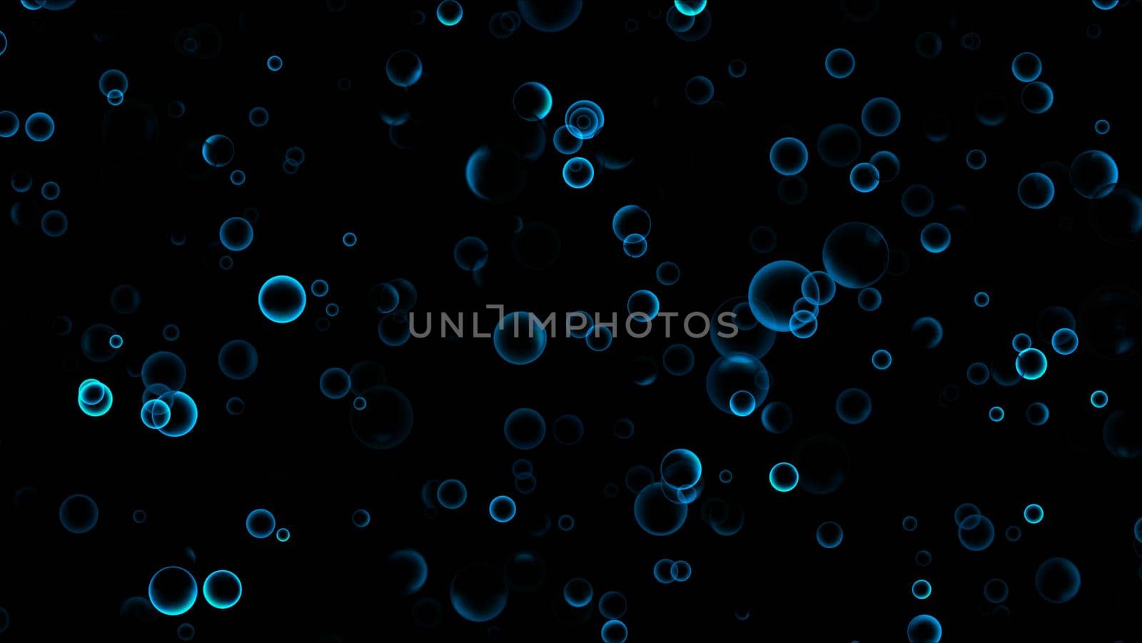 Blue aqua glow many size of hundred bubbles slow floating on the top dark background