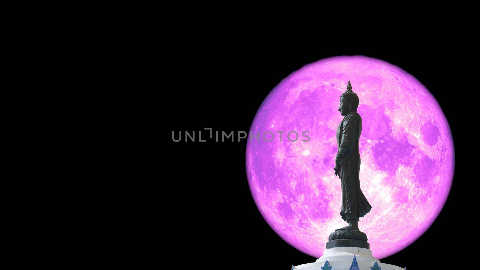 Full pink moon and Buddha looking seven day style on the night sky, Makha Bucha Day is held full moon day on february or march