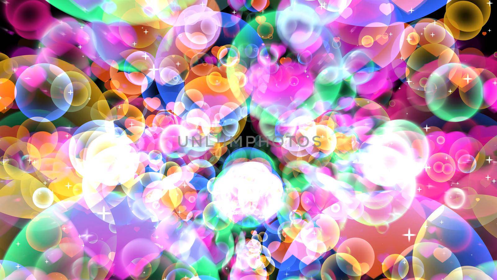 Rainbow reflection bubbles with hearts floating on black background with white star theme valentine day and love concept