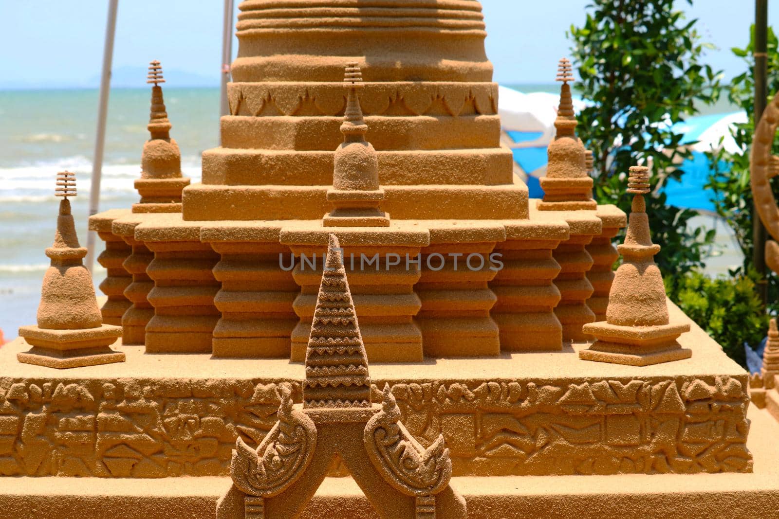 detail of sand pagoda in Songkran festival represents In order to take the sand scraps attached to the feet from the temple to return the temple in the shape of a sand pagoda
