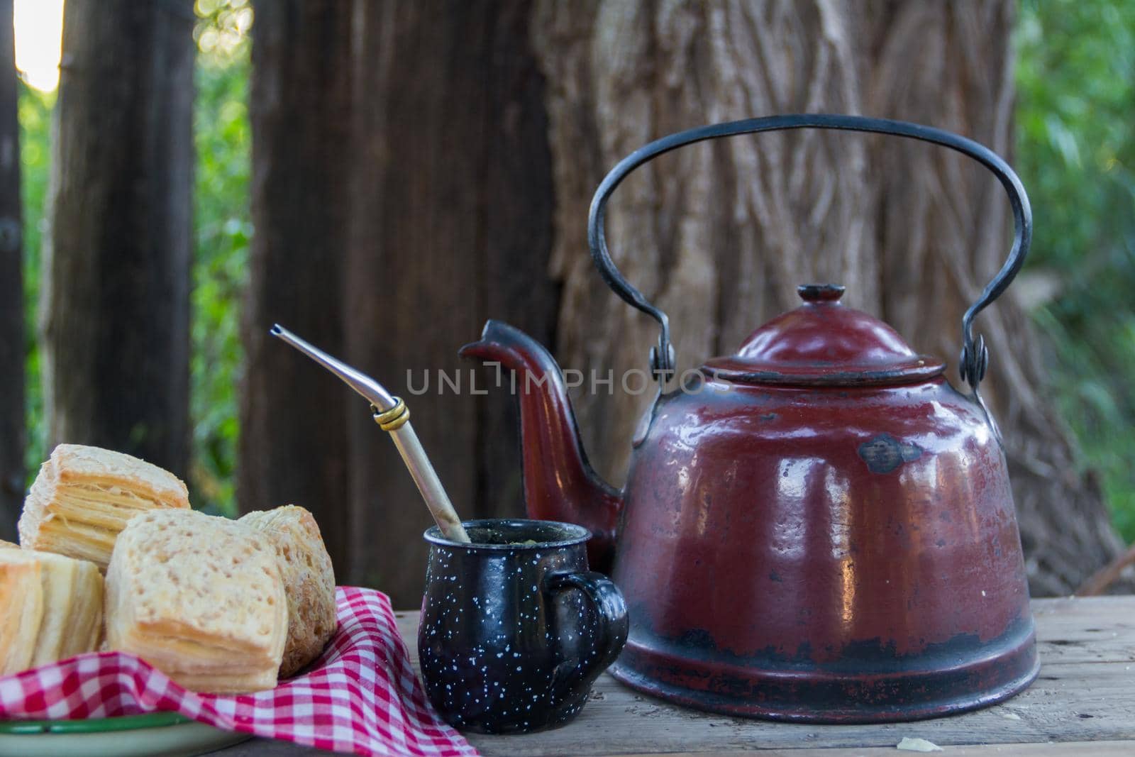 Mate and kettle with a plate of salty Argentine biscuits and yerba mate infusion by GabrielaBertolini