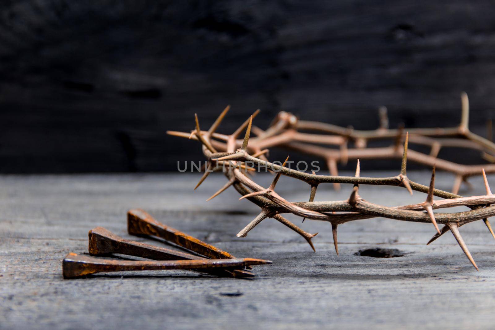 crown of thorns and nails symbols of the Christian crucifixion in Easter by GabrielaBertolini