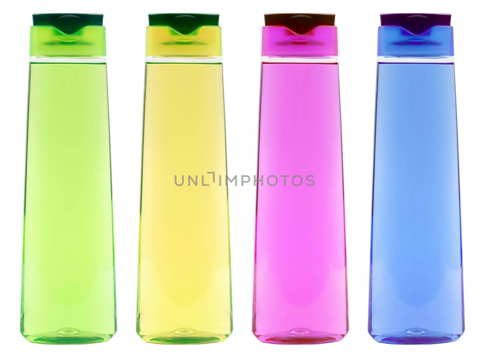 set of transparend clear colored shampoo bottles mockup isolated on white - without labels