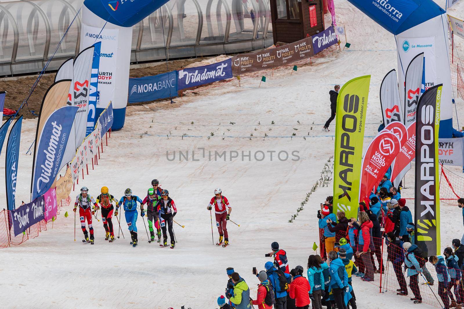 Arinsal, Andorra : 2021 March 2 : Skiers in the ISMF WC Championships Comapedrosa Andorra 2021- RelayRace Men.