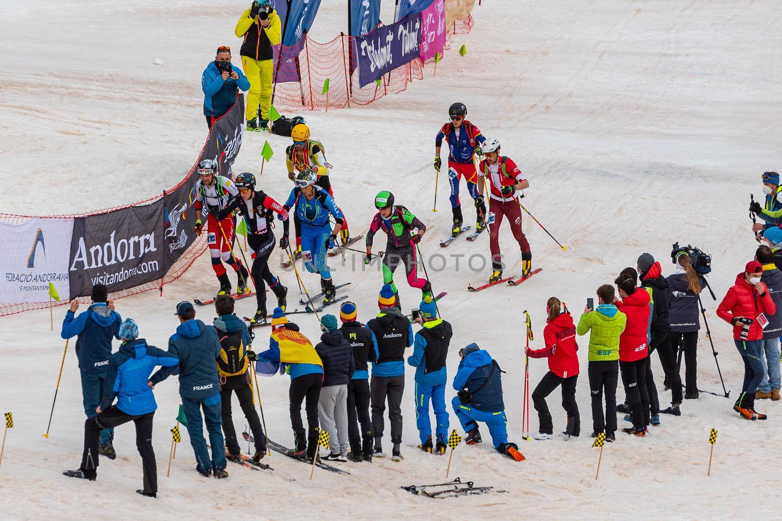 Arinsal, Andorra : 2021 March 2 : Skiers in the ISMF WC Championships Comapedrosa Andorra 2021- RelayRace Men.