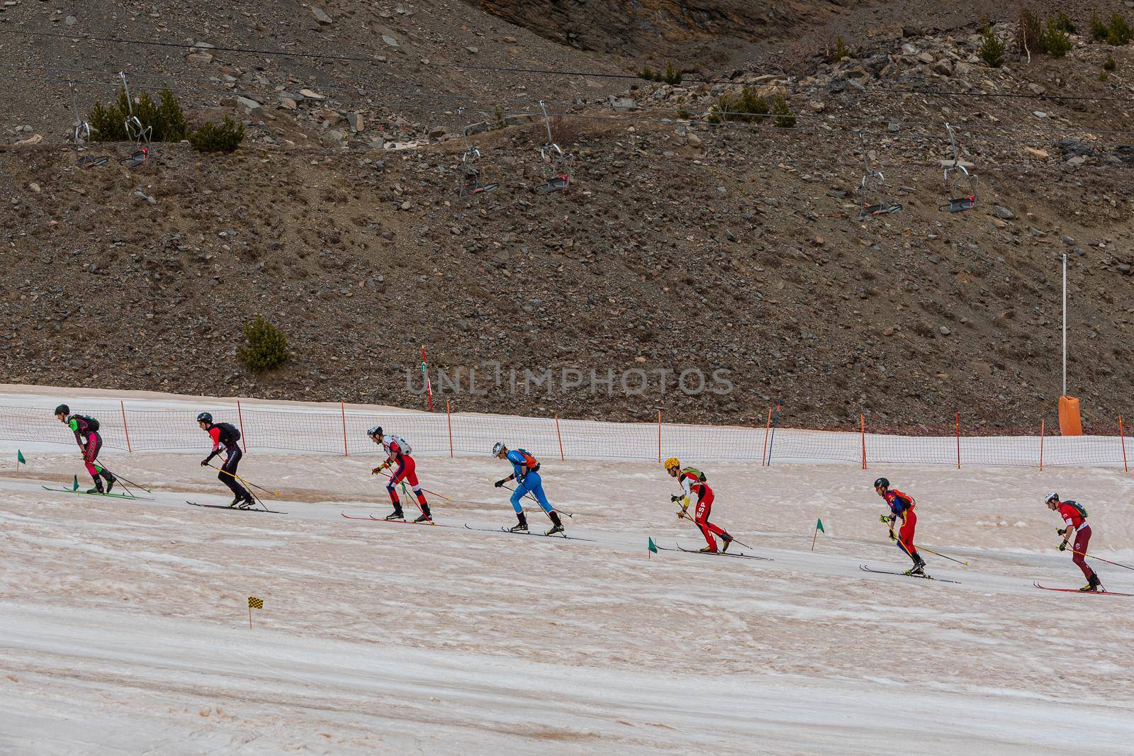 Arinsal, Andorra : 2021 March 2 : Skiers in the ISMF WC Championships Comapedrosa Andorra 2021- RelayRace Men.