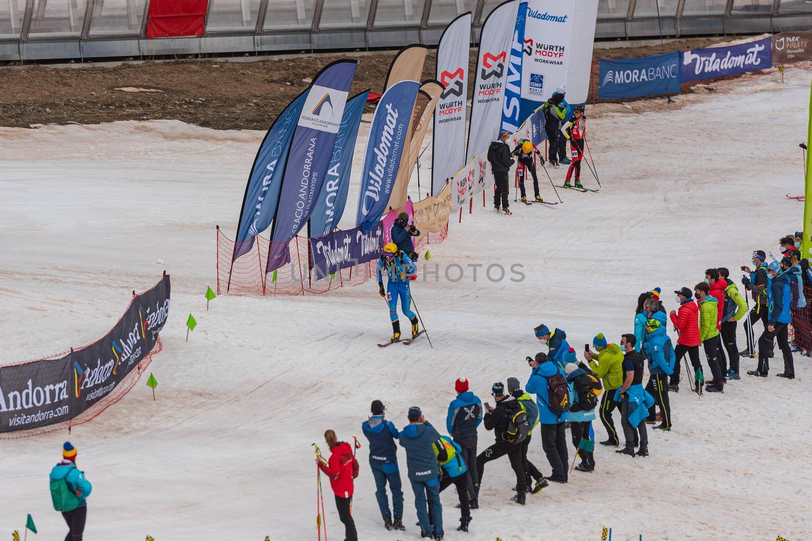 Arinsal, Andorra : 2021 March 2 : Skiers in the ISMF WC Championships Comapedrosa Andorra 2021- RelayRace Men.