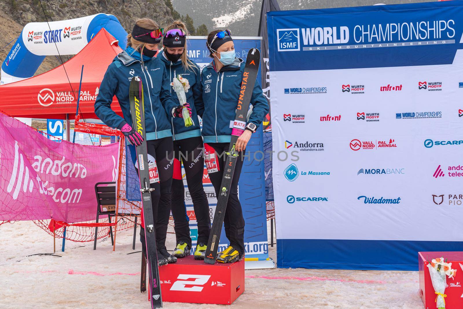 Arinsal, Andorra : 2021 March 3 : France national teamin the ISMF WC Championships Comapedrosa Andorra 2021- Relay Race Women.