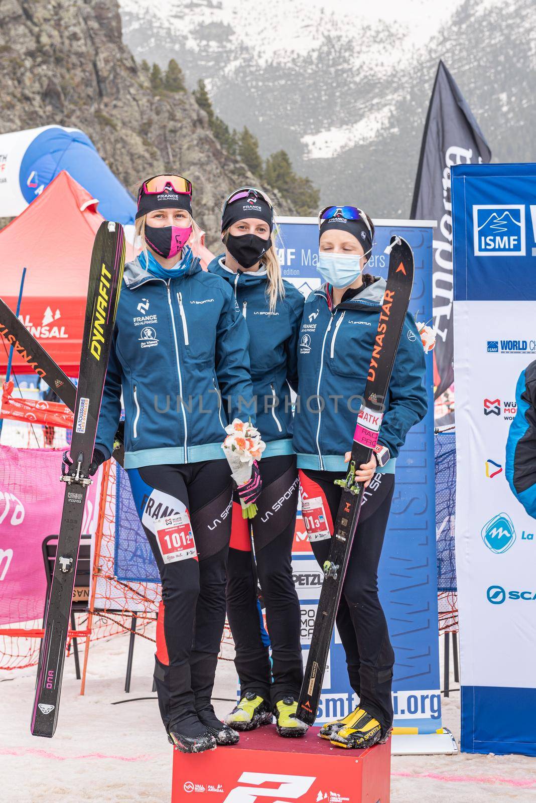 Arinsal, Andorra : 2021 March 3 : France national teamin the ISMF WC Championships Comapedrosa Andorra 2021- Relay Race Women.