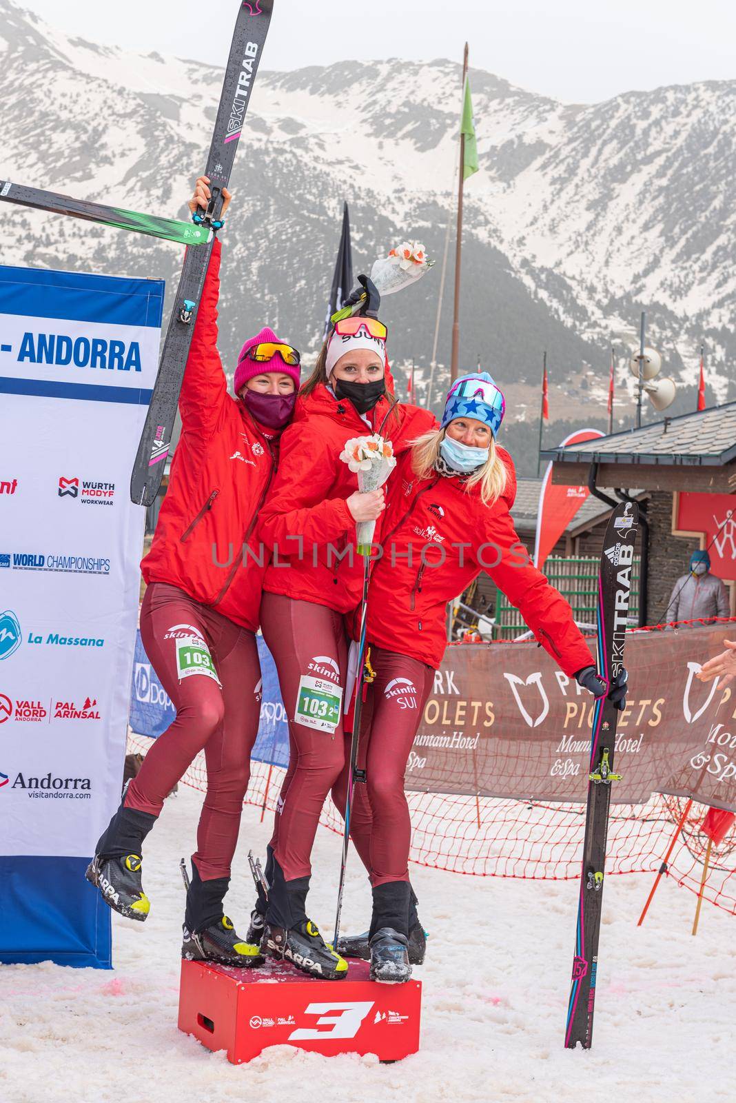 Arinsal, Andorra : 2021 March 3 : Swiss national team in the ISMF WC Championships Comapedrosa Andorra 2021- Relay Race Women.
